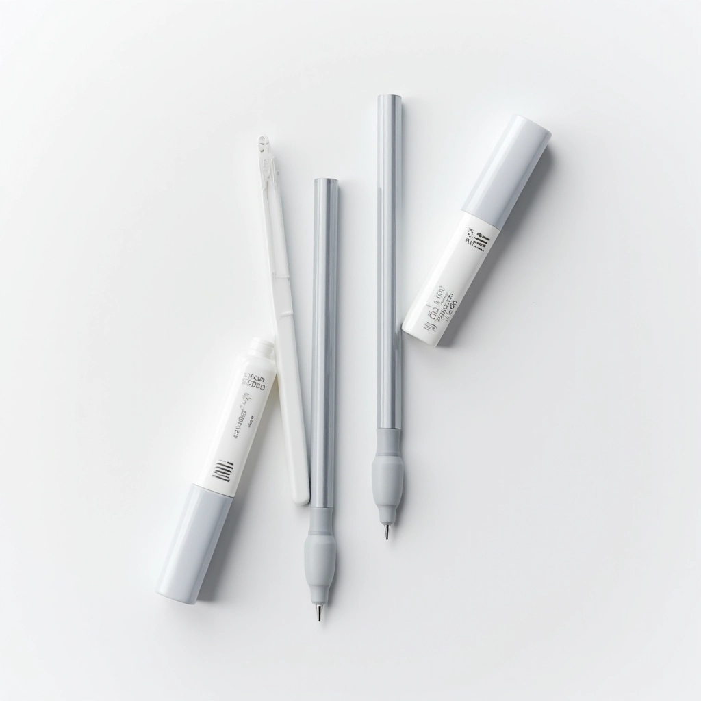 Flat lay arrangement of mechanical pencil set showing both pencils with metal barrels, rubberized grips, and tube of HB leads on light surface