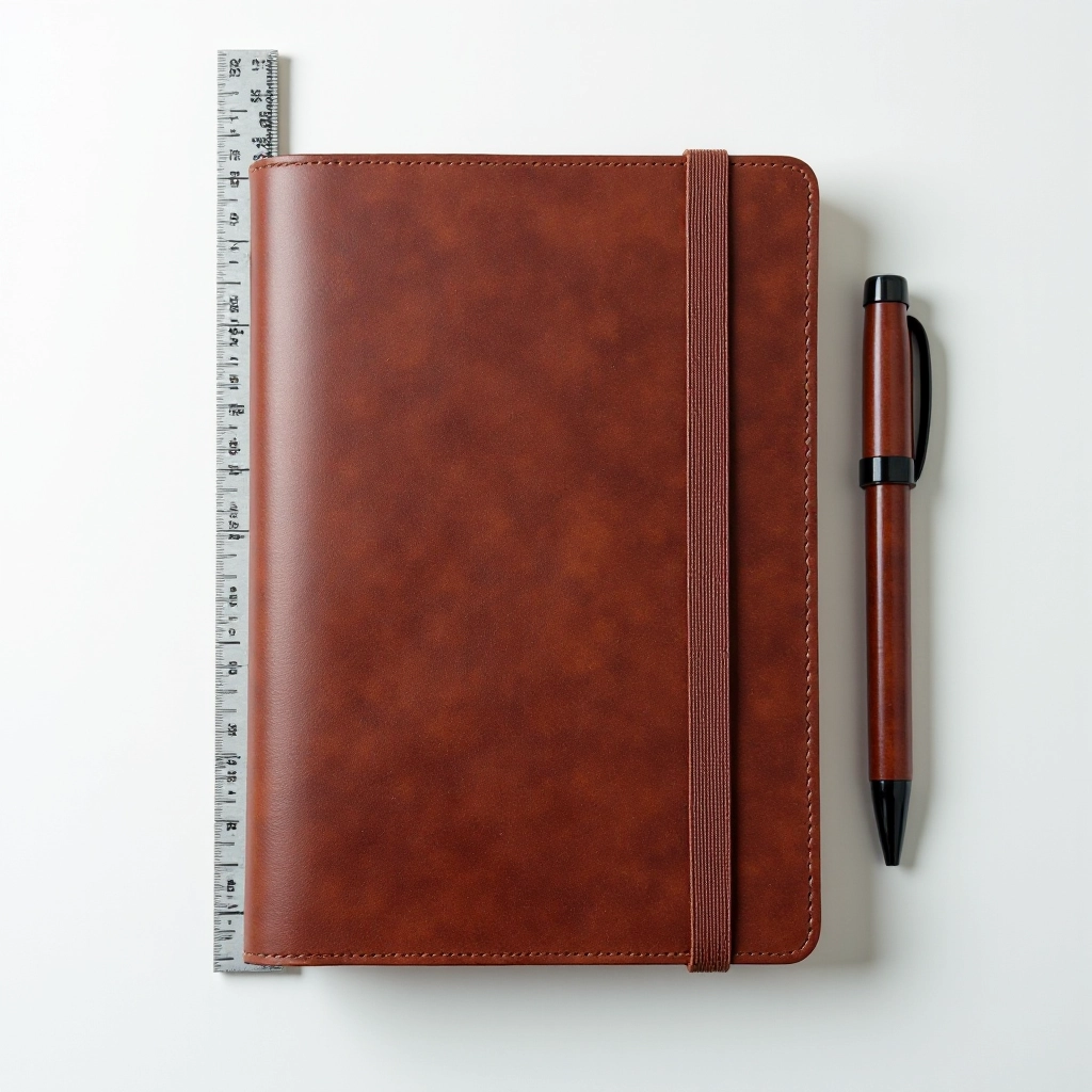 Leather notebook with dimensions and measurements displayed, flat lay on white background with ruler and scale