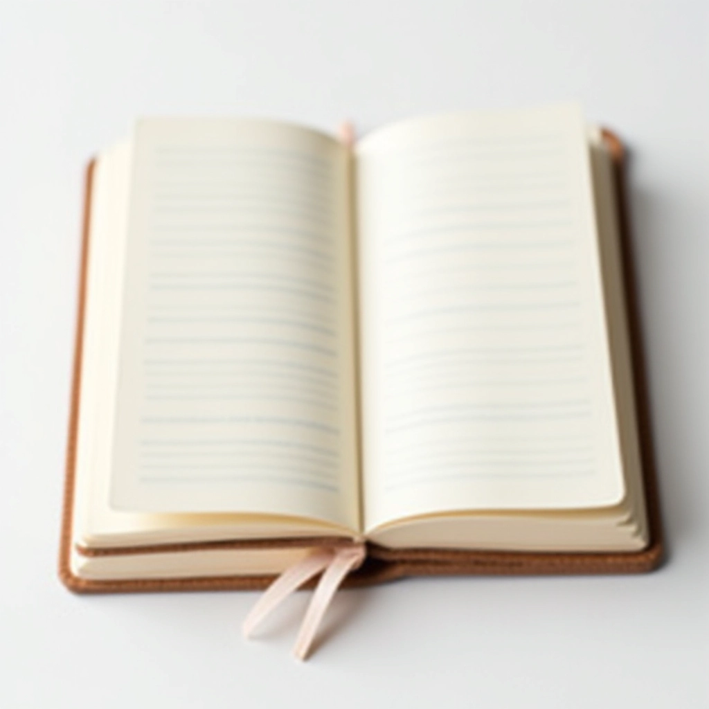 Open leather notebook showing cream-colored pages with grey lines and bookmark ribbon, detail shot with natural lighting