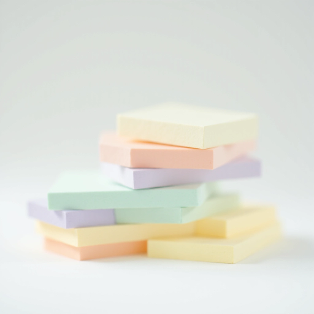 Neat stack of pastel sticky note pads arranged by color showing the mint, peach, lavender, yellow, and pink variations with organized appearance