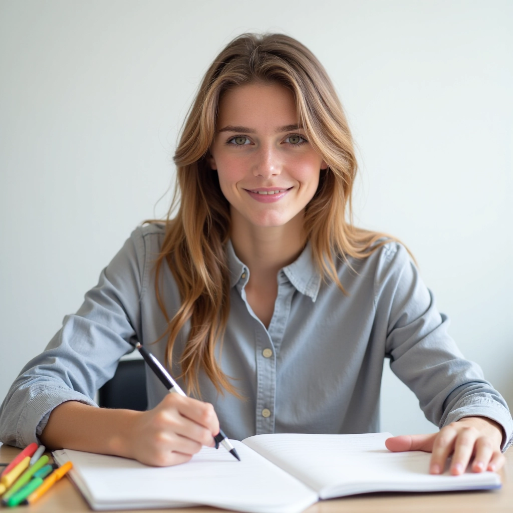 Student writing in weekly planner pad at desk with colored pens and highlighters