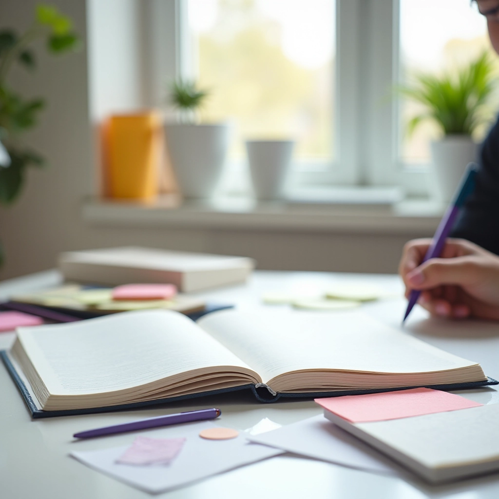 Student workspace with sticky notes of different pastel colors organized on notebook and desk surface showing practical usage for study organization