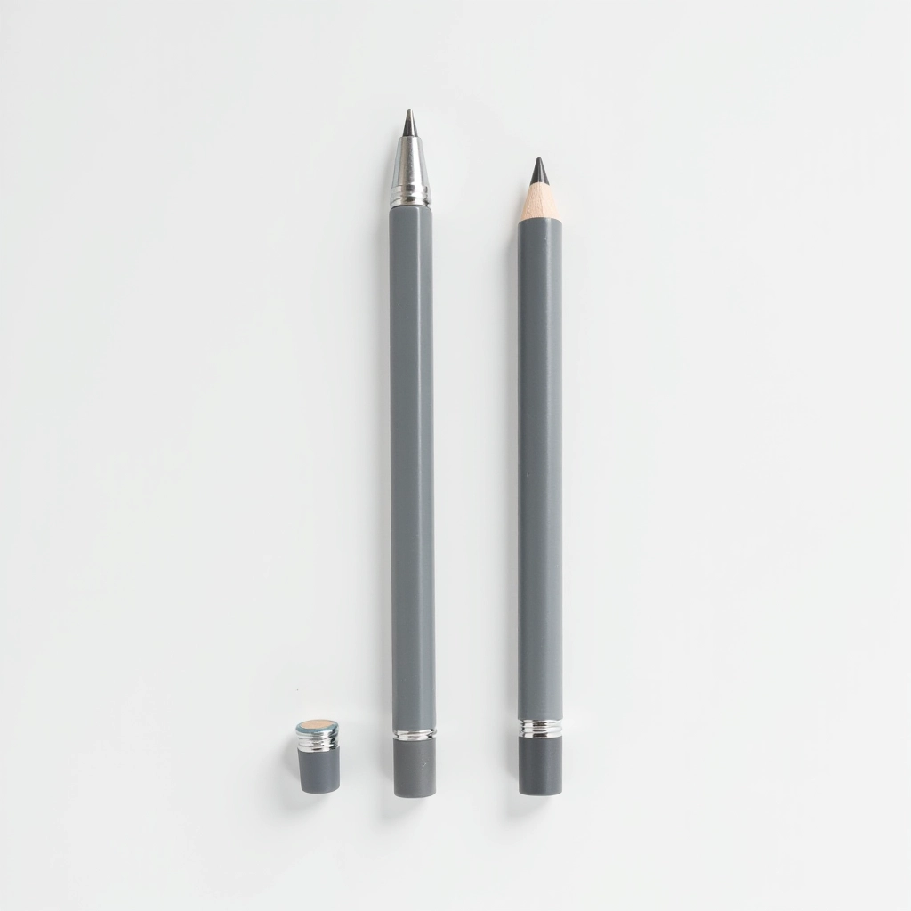 Two precision mechanical pencils with grey rubberized comfort grips and metal barrel, displayed with tube of HB leads on white background